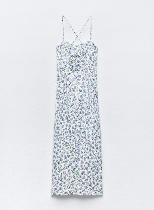 Linen-Blend Floral Midi Dress