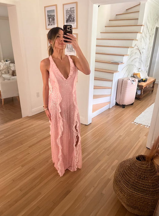 For Love & Lemons Pink Sequin Ruffle Maxi